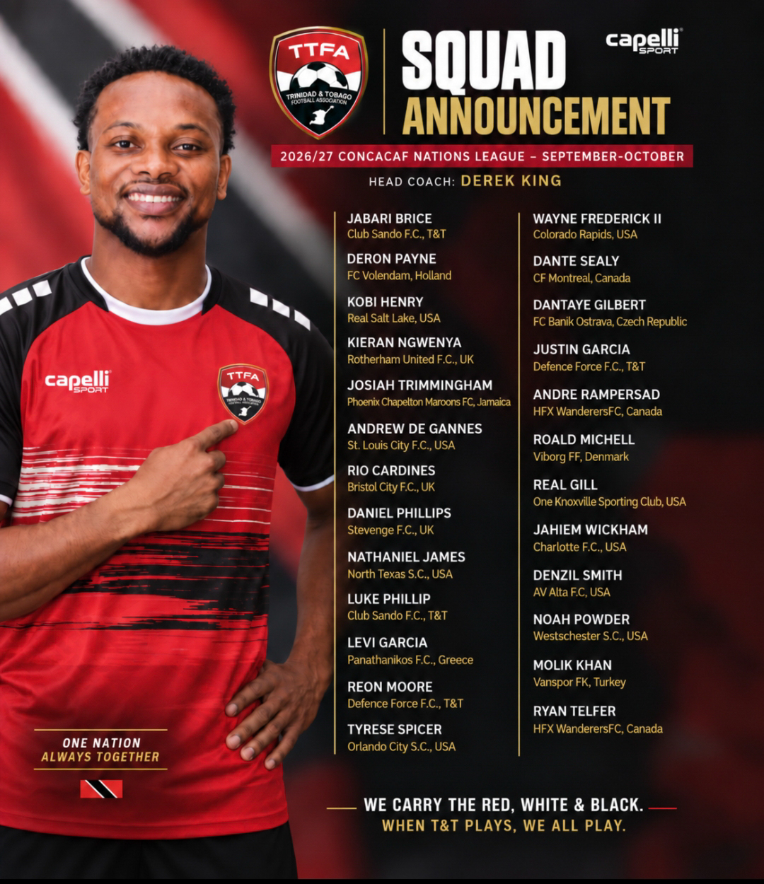 Levi Garcia alongside Trinidad and Tobago’s squad announcement for the 2026/27 Concacaf Nations League.